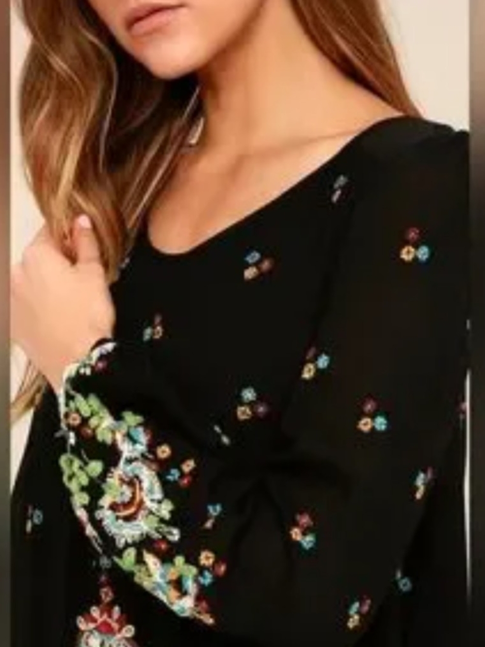 Free People Black Boho Floral  Open Back Mini Dress with Embroidered Details - Picture 2 of 11